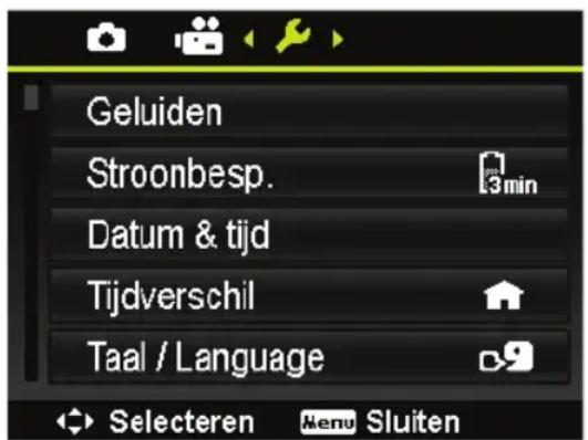 Geluiden Stroonbesp. Datum & tijd Tijdverschil Taal / Language Selecteren Menu Sluiten