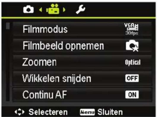 Filmmodus Filmbeeld opnemen Zoomen Wikkelen snijden Continu AF Selecteren Menu Sluiten