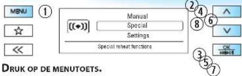 MENU ① [<<★)] Manual Special Settings Special repeat functions ② ④ ⑥ ⑧ V OK SELECT DRUK OP DE MENUTOETS.