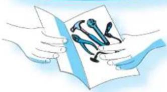 Illustration of two hands holding a folded paper with a diagram of tools (no text or symbols)
