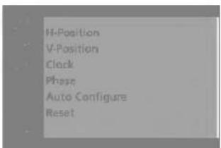 H-positie V-positie Klok Fase Auto configureren Reset