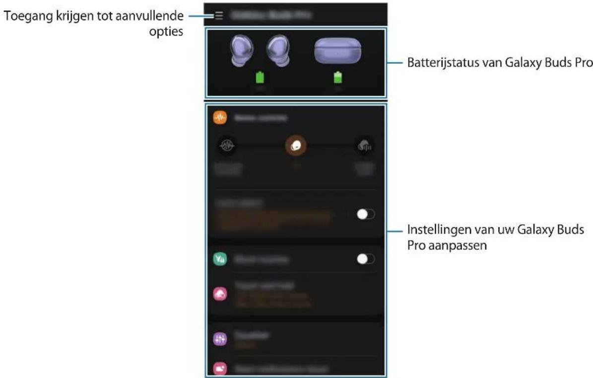 Toegang krijgen tot aanvullende opties Batterijstatus van Galaxy Buds Pro Instellingen van uw Galaxy Buds Pro aanpassen