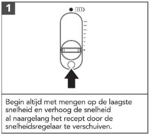 Begin altijd met mengen op de laagste snelheid en verhoog de snelheid al naargelang het recept door de snelheidsregelaar te verschuiven.