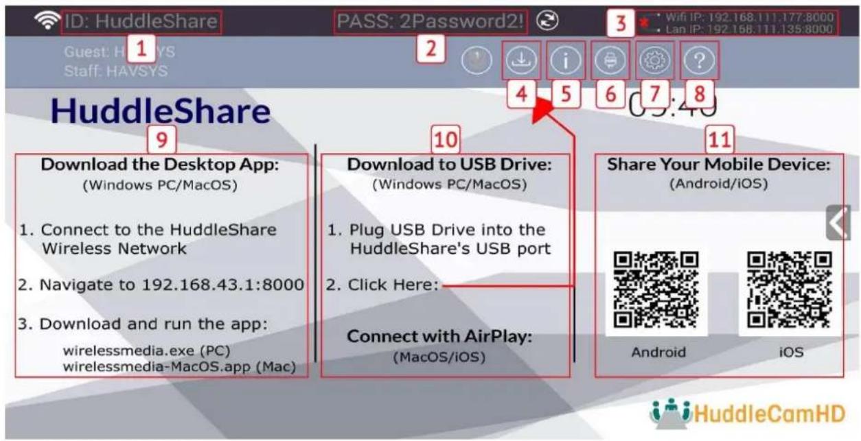 ID: HuddleShare PASS: 2Password2! 1 Guest: HUHSYS Staff: HAVSYS HuddleShare 9 Download the Desktop App: (Windows PC/MacOS) 1. Connect to the HuddleShare Wireless Network 2. Navigate to 192.168.43.1:8000 3. Download and run the app: wirelessmedia.exe (PC) wirelessmedia-MacOS.app (Mac) 10 Download to USB Drive: (Windows PC/MacOS) 1. Plug USB Drive into the HuddleShare's USB port 2. Click Here: Connect with AirPlay: (MacOS/iOS) 11 Share Your Mobile Device: (Android/iOS) Android iOS