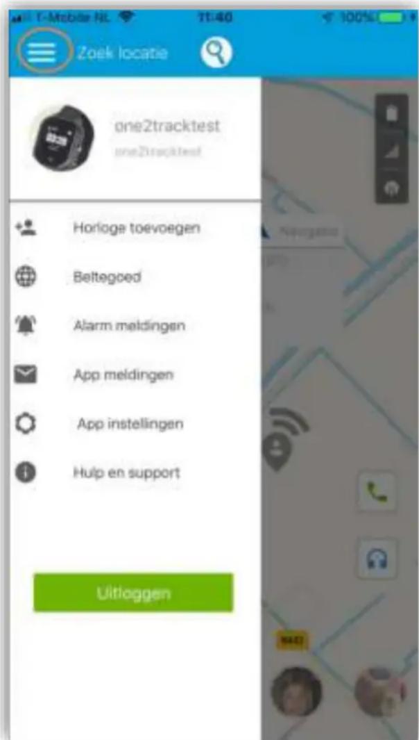 One2tracktest one2tracktest Horloge toevoegen Beltegoed Alarm meldingen App meldingen App instellingen Hulp en support Uitloggen