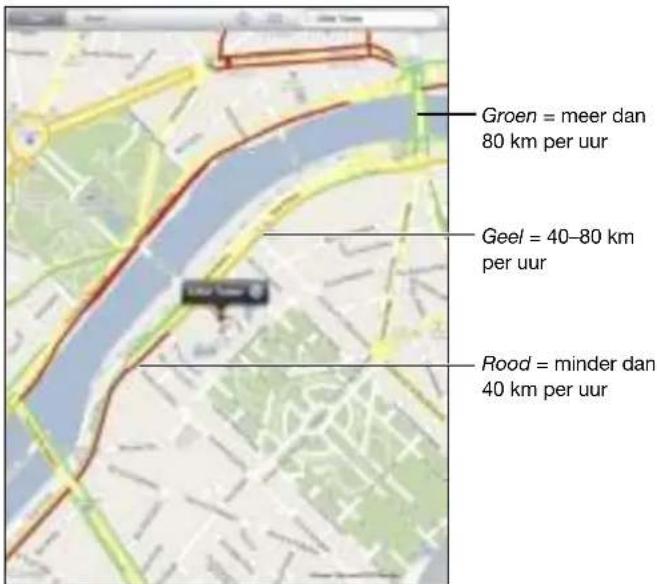 Groen = meer dan 80 km per uur Geel = 40–80 km per uur Rood = minder dan 40 km per uur