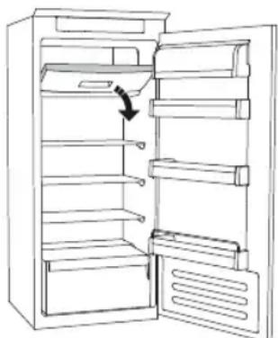 Line drawing of an open refrigerator with a hand pointing to the door (no text or symbols)