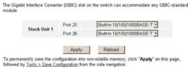 The Gigabit Interface Converter (GBIC) slot on the switch can accommodate any GBIC-standard module. Stack Unit 1 Port 25 Built-In 10/100/1000BASE-T Port 26 Built-In 10/100/1000BASE-T Apply Reload To permanently save the configuration into non-volatile memory, click "Apply" on this page, followed by Tools > Save Configuration from the side navigation.