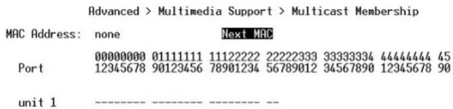 Advanced > Multimedia Support > Multicast Membership MAC Address: none Next MAC 00000000 01111111 11122222 22222333 33333334 44444444 45 Port 12345678 90123456 78901234 56789012 34567890 12345678 90 unit 1 ---- ---- --