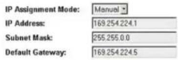 IP Assignment Mode: Manual IP Address: 169.254.224.1 Subnet Mask: 255.255.0.0 Default Gateway: 169.254.224.5