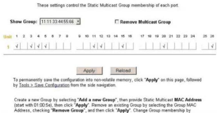 These settings control the Static Multicast Group membership of each port. Show Group: 11:11:33:44:55:66 Remove Multicast Group Unit 1 2 3 4 5 6 7 8 9 10 11 12 13 14 15 16 17 18 19 20 21 22 23 24 25 26 1 ✓ ✓ ✓ ✓ ✓ ✓ ✓ ✓ ✓ ✓ ✓ ✓ ✓ ✓ ✓ ✓ ✓ ✓ ✓ ✓ ✓ ✓ ✓ ✓ ✓ ✓ ✓ ✓ ✓ ✓ ✓ ✓ ✓ ✓ ✓ ✓ ✓ ✓ ✓ ✓ ✓ ✓ ✓ ✓ ✓ ✓ ✓ ✓ ✓ ✓ ✓ ✓ ✓ ✓ ✓ ✓ ✓ ✓ ✓ ✓ ✓ ✓ ✓ ✓ ✓ ✓ ✓ ✓ ✓ ✓ ✓ ✓ ✓ ✓ ✓ ✓ ✓ ✓ ✓ ✓ ✓ ✓ ✓ ✓ ✓ ✓ ✓ ✓ ✓ ✓ ✓ ✓ ✓ ✓ ✓ ✓ ✓ ✓ ✓ ✓✓ Apply Reload To permanently save the configuration into non-volatile memory, click "Apply" on this page, followed by Tools > Save Configuration from the side navigation. Create a new Group by selecting "Add a new Group", then provide Static Multicast MAC Address (start with 01:00:5e), then click "Apply". Remove an existing Group by selecting the Group MAC Address, checking "Remove Group", and then click "Apply". Change Group membership by