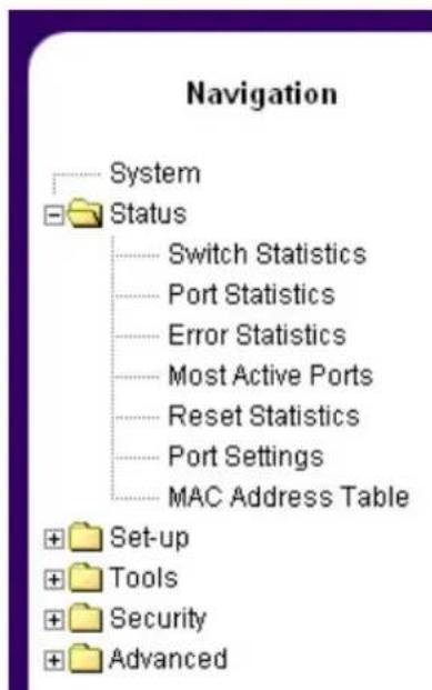 Navigation System Status Switch Statistics Port Statistics Error Statistics Most Active Ports Reset Statistics Port Settings MAC Address Table + Set-up + Tools + Security + Advanced