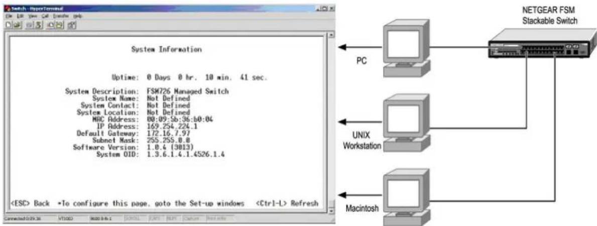 Switch HyperTerminal System Information Uptime: 0 Days 0 hr. 10 min. 41 sec. System Description: FSM726 Managed Switch System Name: Not Defined System Contact: Not Defined System Location: Not Defined MHC Address: 00:09:5b:36:b0:04 IP Address: 169.254.224.1 Default Gateway: 172.16.7.97 Subnet Mask: 255.255.0.0 Software Version: 1.0.4 (3013) System OID: 1.3.6.1.4.1.4526.1.4 Back *To configure this page, goto the Set-up windows Refresh PC UNIX Workstation Macintosh NETGEAR FSM Stackable Switch