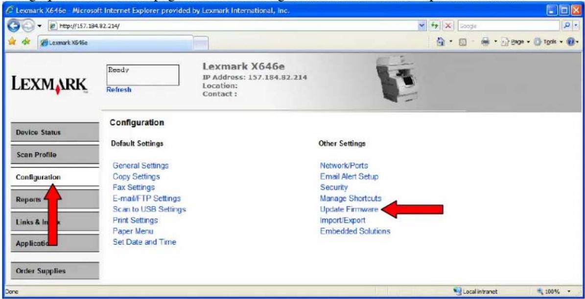 Lexmark X646e - Microsoft Internet Explorer provided by Lexmark International, Inc. http://157.184.82.214/ Lexmark X646e Ready Refresh Lexmark X646e IP Address: 157.184.82.214 Location: Contact : Device Status Scan Profile Configuration Reports Links & In Application Order Supplies Configuration Def…