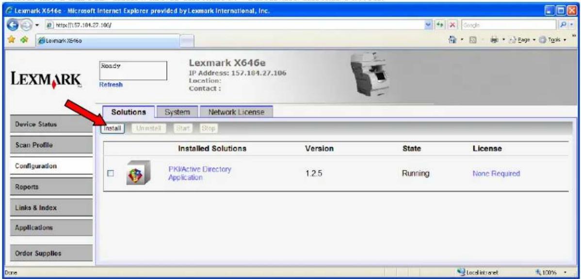 Lexmark X546e - Microsoft Internet Explorer provided by Lexmark International, Inc. http://157.184.27.106/ Lexmark X546e Ready Refresh Lexmark X646e IP Address: 157.184.27.106 Location: Contact : Solutions System Network License Device Status Install Uninstall Start Stop Scan Profile Configuration R…