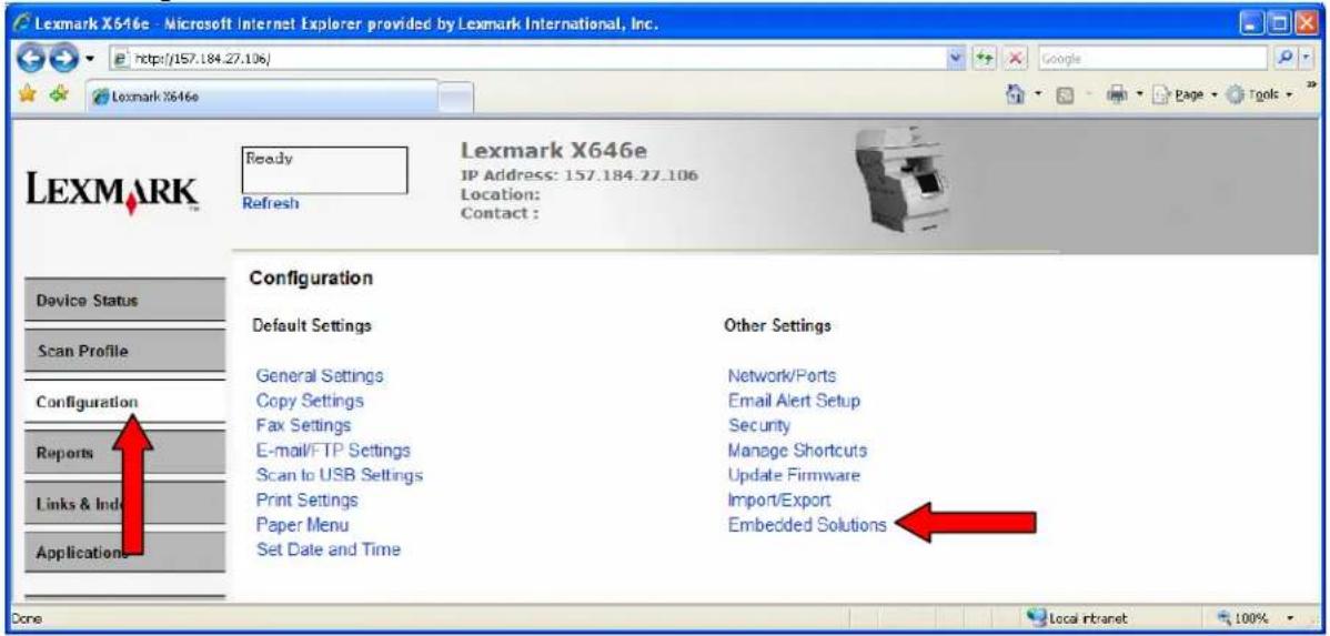 Lexmark X646e - Microsoft Internet Explorer provided by Lexmark International, Inc. http://157.184.27.106/ Lexmark X646e Ready Refresh Lexmark X646e IP Address: 157.184.27.106 Location: Contact : Configuration Default Settings General Settings Copy Settings Fax Settings E-mail/FTP Settings Scan to U…
