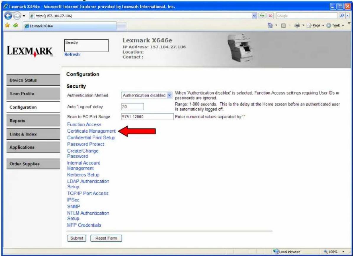 Lexmark X646e - Microsoft Internet Explorer provided by Lexmark International, Inc. http://157.184.27.106 Lexmark X646e Ready Refresh Lexmark X646e IP Address: 157.184.27.106 Location: Contact : Dovico Status Scan Profile Configuration Reports Links & Index Applications Order Supplies Configuration…