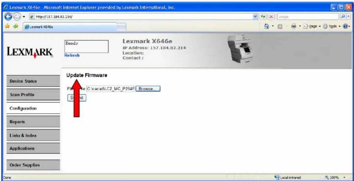 Lexmark X646e - Microsoft Internet Explorer provided by Lexmark International, Inc. http://157.184.82.214/ Lexmark X646e LEXMARK Ready Refresh Update Firmware File Name: C:\cacadLC2_MC_P254F Browse_ Submit Device Status Scan Profile Configuration Reports Links & Index Applications Order Supplies Don…