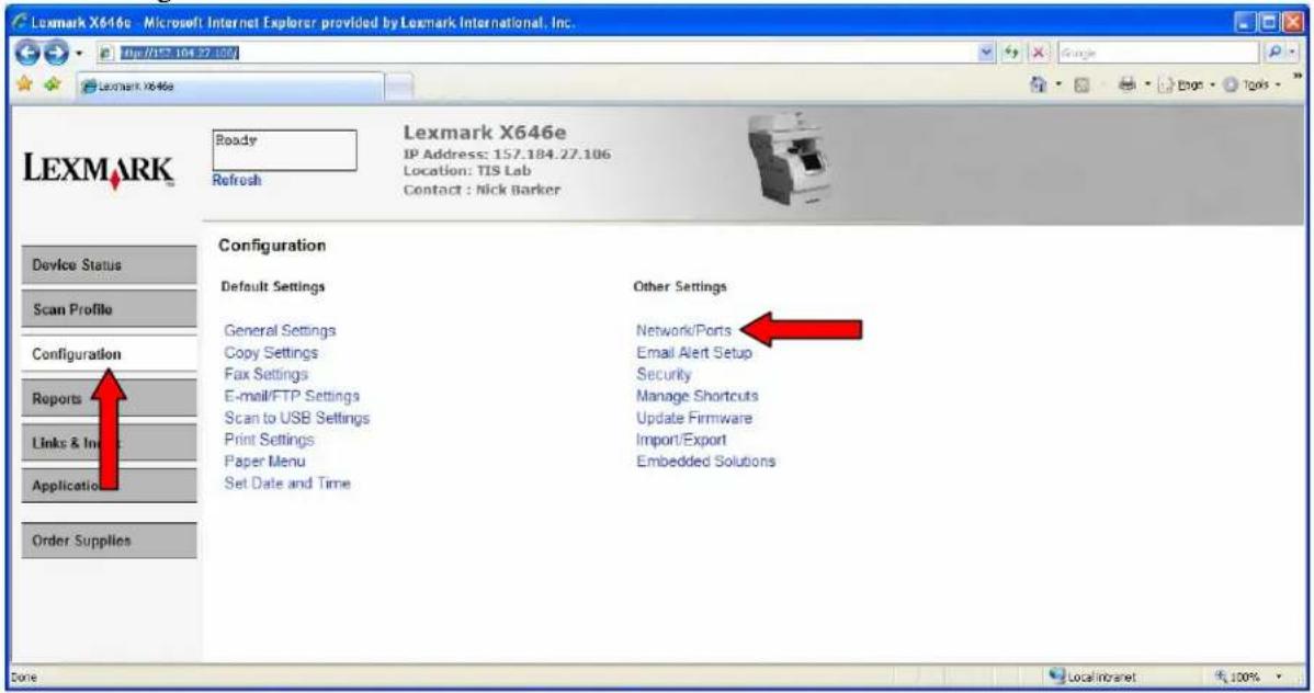 Lexmark X646e - Microsoft Internet Explorer provided by Lexmark International, Inc. LEXMARK Ready Refresh Lexmark X646e IP Address: 157.184.22.106 Location: TIS Lab Contact : Nick Barker Configuration Default Settings General Settings Copy Settings Fax Settings E-mail/FTP Settings Scan to USB Settin…