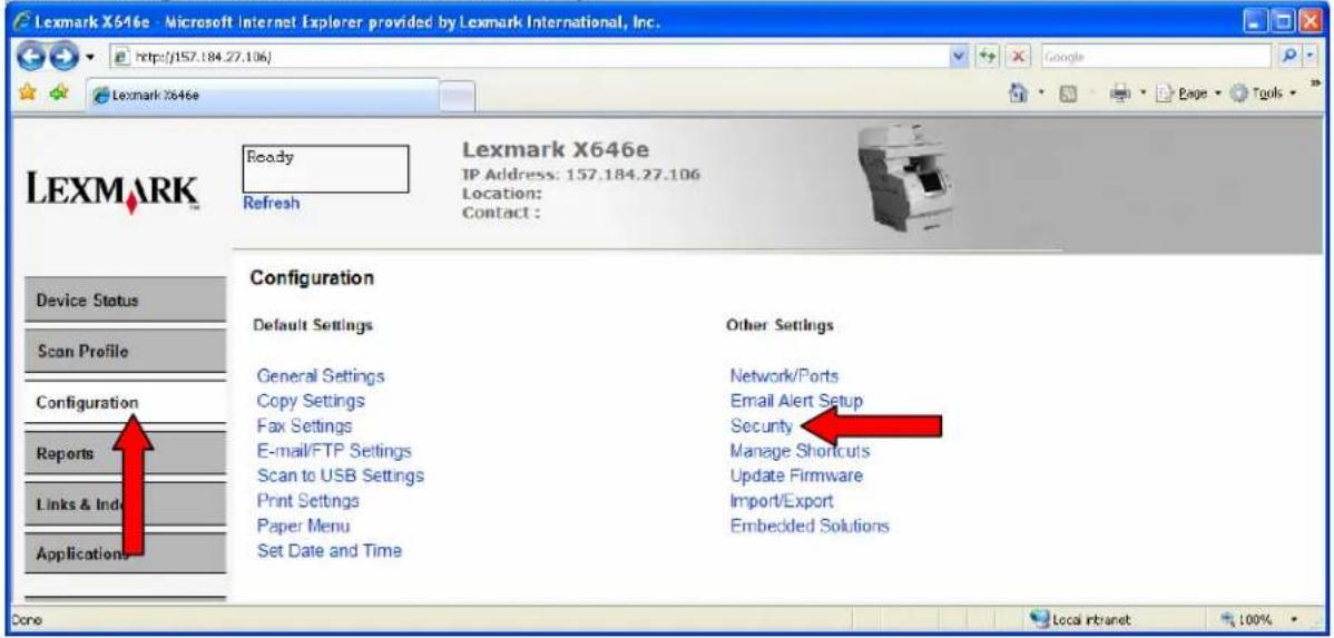 Lexmark X646e - Microsoft Internet Explorer provided by Lexmark International, Inc. http://157.184.27.106 Lexmark X646e Ready Refresh Lexmark X646e IP Address: 157.184.27.106 Location: Contact : Device Status Scan Profile Configuration Reports Links & Inds Applications Configuration Default Settings…