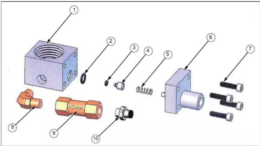 Exploded view diagram of mechanical components with numbered parts for identification