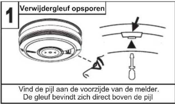 1 Verwijdergleuf opsporen Vind de pijl aan de voorzijde van de melder. De gleuf bevindt zich direct boven de pijl