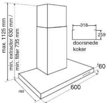 max. 1125 mm min. extractor 630 mm / min. filter 735 mm 318 doorsnede koker 259 465 600