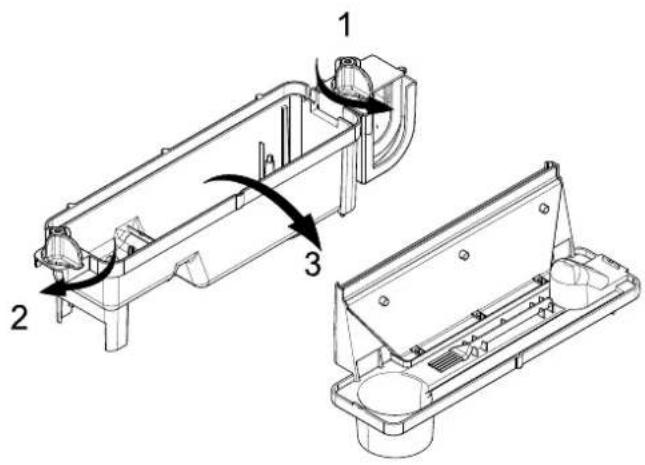 Technical diagram of a mechanical assembly with numbered components and directional arrows indicating motion or assembly.