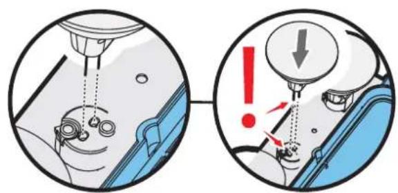 Diagram illustrating mechanical assembly steps with warning symbols and labeled components