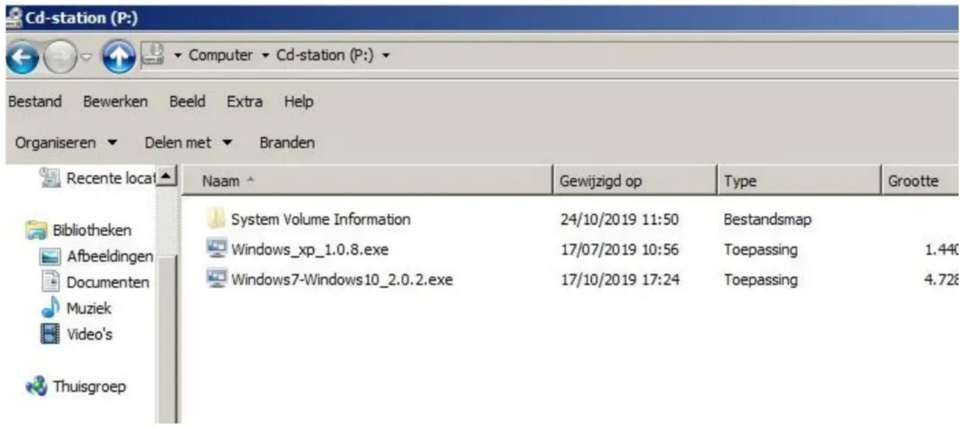 Cd-station (P:) Computer Cd-station (P:) Bestand Bewerken Beeld Extra Help Organiseren Delen met Branden Recente local Naam Gewijzigd op Type Grootte Bibliotheken System Volume Information 24/10/2019 11:50 Bestandsmap Windows_xp_1.0.8.exe 17/07/2019 10:56 Toepassing 1.440 Windows7-Windows10_2.0.2.ex…