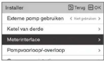 Installer Externe pomp gebruiken < Niet gebruiken > Ketel van derde > Meterinterface > Pompvoorloop/-overloop >