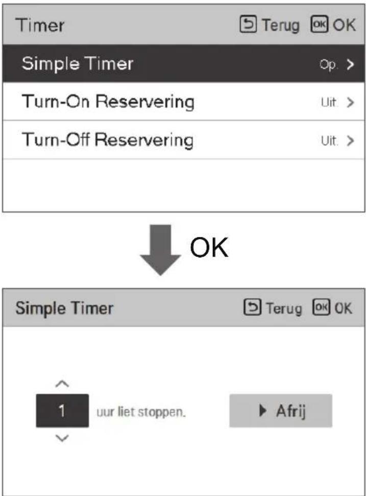 graph TD A["Timer"] --> B["Simple Timer"] B --> C["Turn-On Reservering"] C --> D["Turn-Off Reservering"] D --> E["OK"] F["1"] --> G["uur liet stoppen."] H["▶ Afrij"] --> I["OK"]