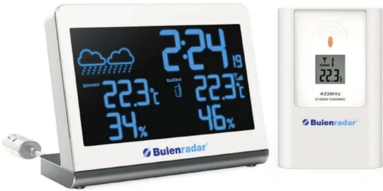 binnen 2:24 19 22.3°C buiten 22.3°C 34% 46% Buienradar® 433MHz HYGRO-THERMO® Buienradar®