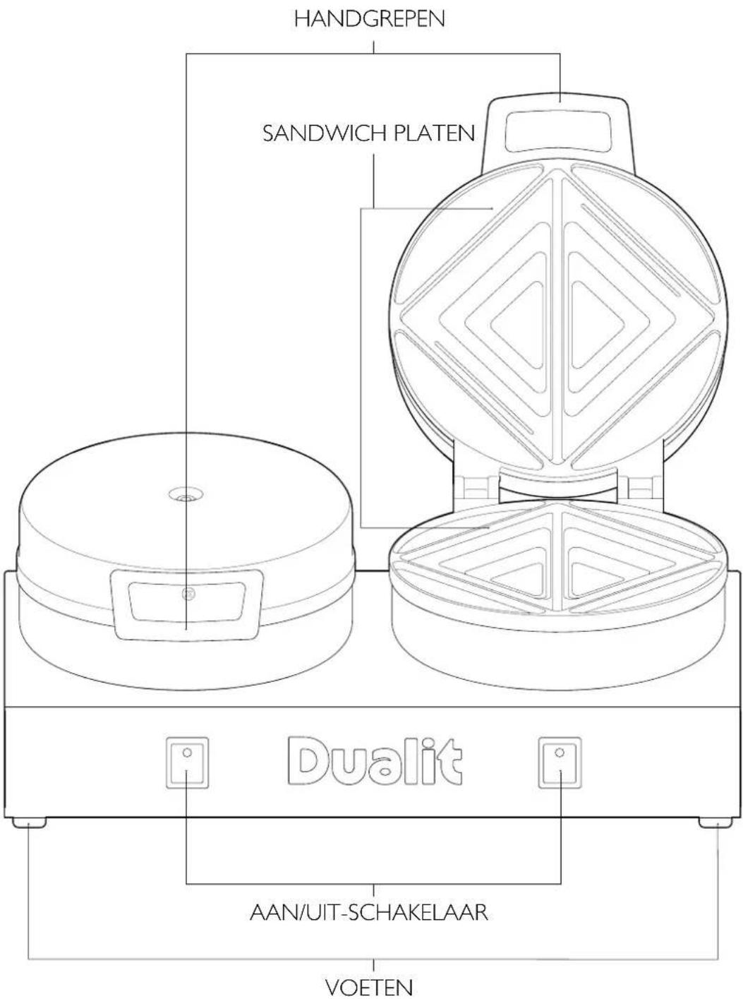 HANDGREPEN SANDWICH PLATEN Dualit AAN/UIT-SCHAKELAAR VOETEN