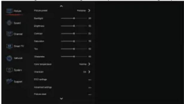 Picture panel Preview > Backlight 80 Brightness 50 Contrast 50 Saturation 50 Tan 50 Darkwave 30 Color depth level Number > Overload On > ECD settings ... Advanced settings On Failure reset ...