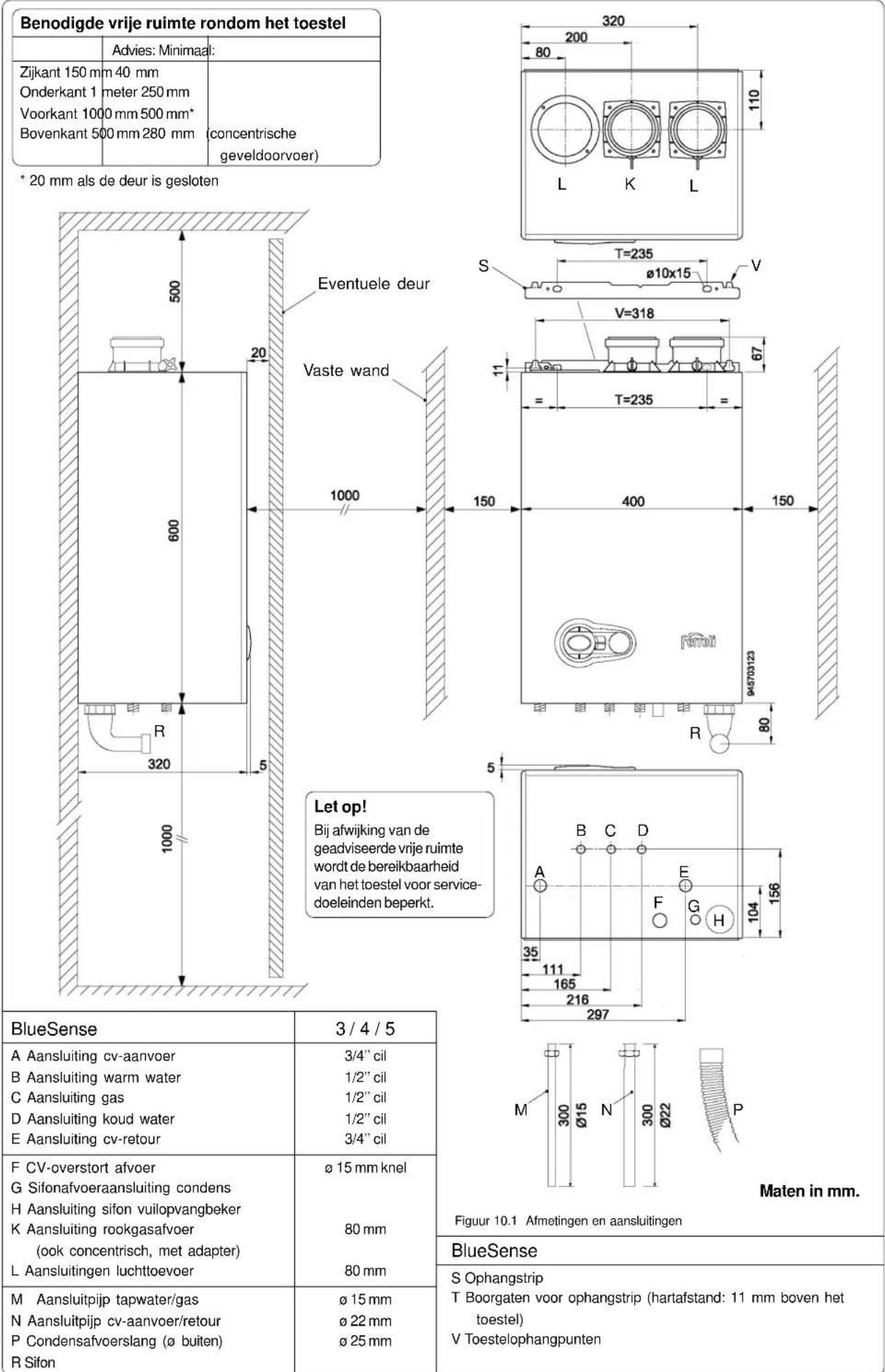 Benodigde vrije ruimte rondom het toestel Advies: Minimaal: Zijkant 150 mm 40 mm Onderkant 1 meter 250 mm Voorkant 1000 mm 500 mm* Bovenkant 500 mm 280 mm (concentrische geveldoorvoer) * 20 mm als de deur is gesloten Eventuele deur Vaste wand 1000 600 320 1000 Let op! Bij afwijking van de geadviseerde vrije ruimte wordt de bereikbaarheid van het toestel voor service- doeleinden beperkt. BlueSense 3 / 4 / 5 A Aansluiting cv-aanvoer B Aansluiting warm water C Aansluiting gas D Aansluiting koud water E Aansluiting cv-retour F CV-overstort afvoer G Sifonafvoeraansluiting condens H Aansluiting sifon vuilopvangbeker K Aansluiting rookgasafvoer (ook concentrisch, met adapter) L Aansluitingen luchttoevoer M Aansluitpijp tapwater/gas N Aansluitpijp cv-aanvoer/retour P Condensafvoerslang (ø buiten) R Sifon 3/4" cil 1/2" cil 1/2" cil 1/2" cil 3/4" cil ø 15 mm knel 80 mm 80 mm BlueSense S Ophangstrip T Boorgaten voor ophangstrip (hartafstand: 11 mm boven het toestel) V Toestelophangpunten Figuur 10.1 Afmetingen en aansluitingen