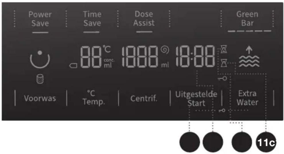Power Save Time Save Dose Assist Green Bar 80°C conc. ml 1800 ml 18:00 Voorwas °C Temp. Centrif. Uitgestelde Start Extra Water 11c