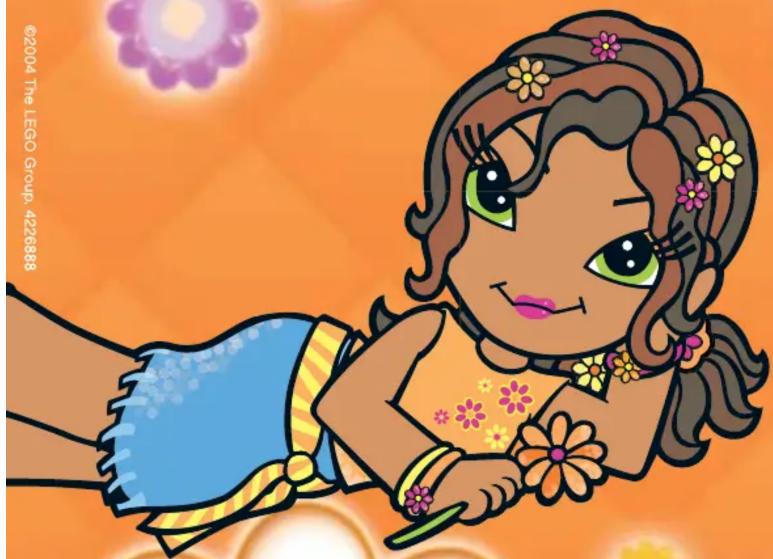 Cartoon illustration of a girl with green eyes and floral hair, being gently held by a hand against an orange background (no text or symbols)