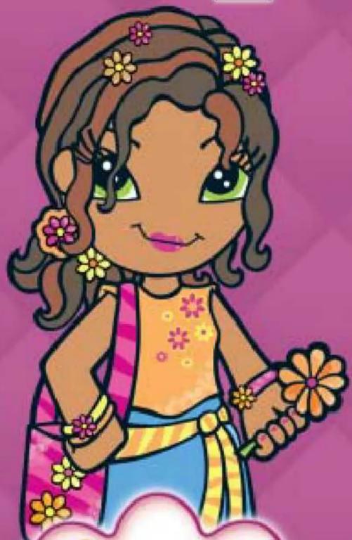 Cartoon illustration of a girl with brown hair, flower accessories, and a pink striped dress holding a flower (no text or symbols)