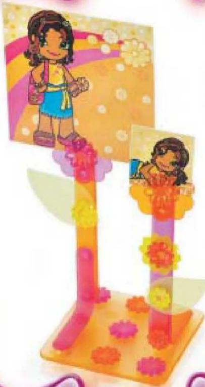 Illustration of two cartoon girl figures on colorful paper stands, one holding a phone and the other with flowers (no text or symbols)