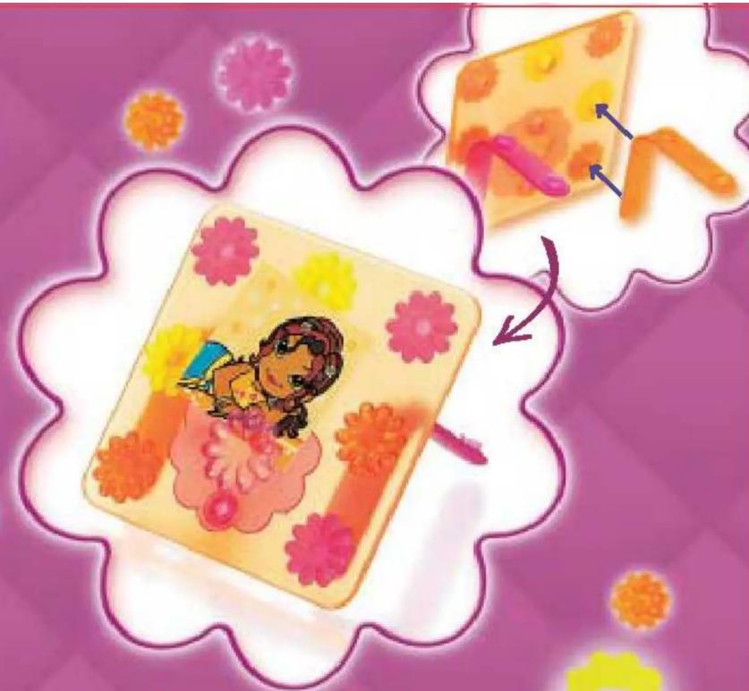 Illustration of two cartoon cheese slices with flower patterns and a child in a dress, set against a purple background with floral motifs (no text or symbols)