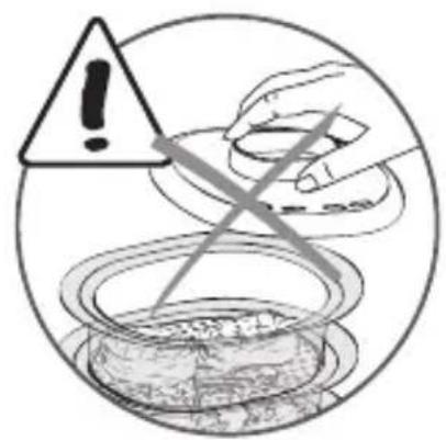 Warning symbol with exclamation mark over a bowl, indicating caution or hazard