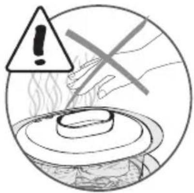 Warning symbol with exclamation mark and hand holding a cross over a steaming bowl, indicating hazardous or hazardous substance.