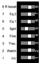 | Category | Value | |---|---| | 8 R boost | 8 | | 7 Eq.2 | 7 | | 6 Eq.1 | 6 | | 5 Split | 5 | | 4 Fine | 4 | | 3 Trac. | 3 | | 2 Watch | 2 | | 1 n/c | 1 |