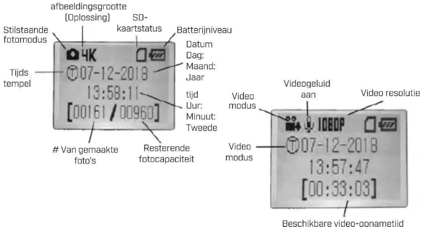 afbeeldingsgrootte (Oplossing) SD- kaartstatus Stilstaande fotomodus Batterijniveau Datum Dag: Maand: Jaar tijd Uur: Minuut: Tweede Tijds tempel 07-12-2018 13:58:11 [00161/00960] Van gemaakte foto's Resterende fotocapaciteit Video modus Videogeluid aan Video resolutie Video modus 07-12-2018 13:57:47 [00:33:03] Beschikbare video-opnametijd