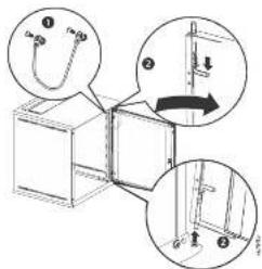 Technical diagram showing three views of a mechanical assembly with numbered components and directional arrows indicating motion or assembly.