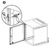 Technical diagram showing a door opening with an inset close-up of a mechanical component, labeled with parts 1 and 2.