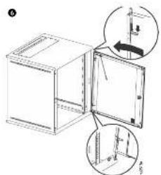 Technical diagram showing a cabinet with internal components and close-up views of the door mechanism