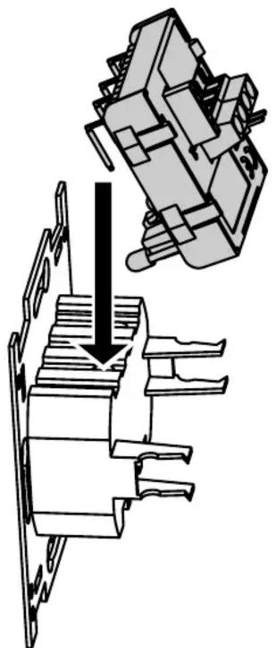 Mechanical assembly diagram showing a component being inserted into a housing (no text or labels)