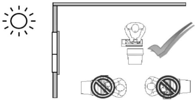 Safety warning illustration showing sun, lamp, checkmark, and two crossed-out devices with no text or symbols